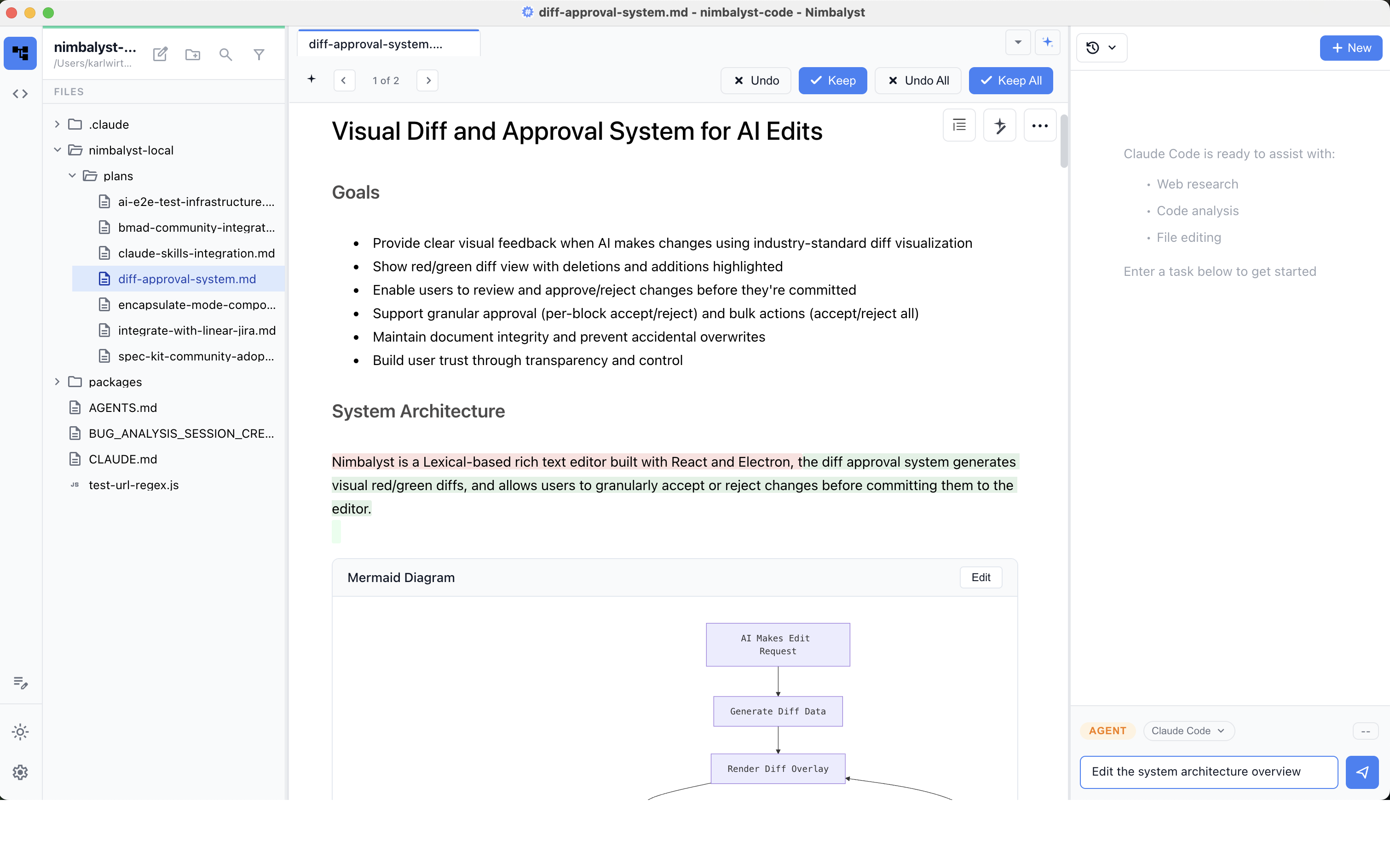 Nimbalyst visual diff
  and approval system